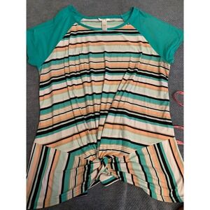 Just Be Women 2X Striped Twist Front Raglan Sleeve Top Teal Orange Black Multi